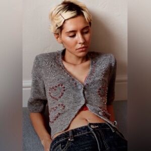 ZARA HEART BEADED KNIT CARDIGAN NWT